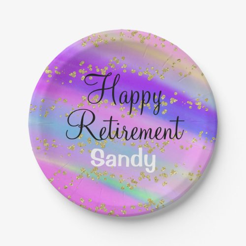 Colorful Happy Retirement Unicorn Gold Glitter Paper Plates