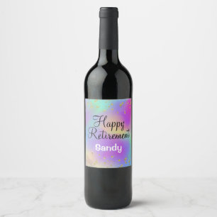 Colorful Happy Retirement Unicorn Gold Glitter Wine Label