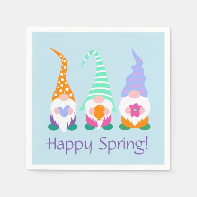 Colorful Happy Spring Gnomes Greetings Napkins (Front)