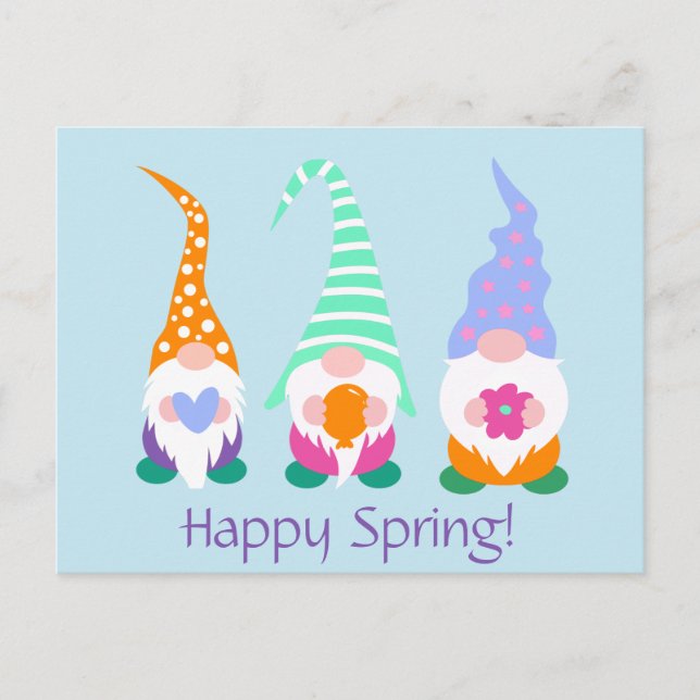 Colorful Happy Spring Gnomes Greetings Postcard (Front)