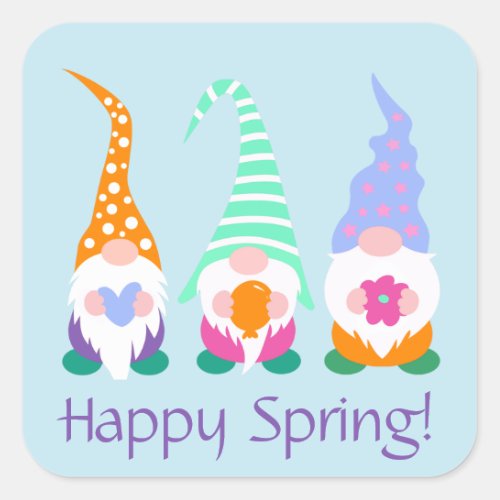 Colorful Happy Spring Gnomes Greetings Square Sticker