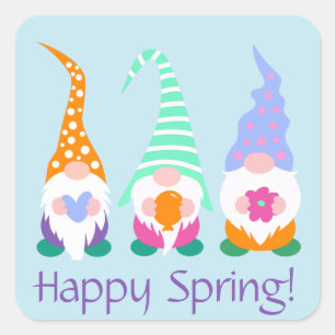 Colorful Happy Spring Gnomes Greetings Square Sticker