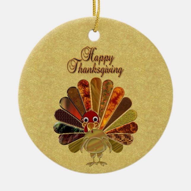 Colorful Happy Thanksgiving Turkey Ceramic Ornament (Front)
