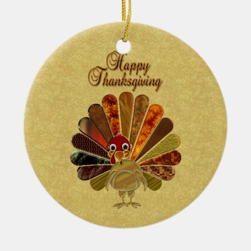 Colorful Happy Thanksgiving Turkey Ceramic Ornament