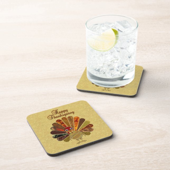 Colorful Happy Thanksgiving Turkey Drink Coaster (Right Side)