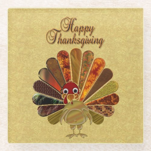Colorful Happy Thanksgiving Turkey Glass Coaster