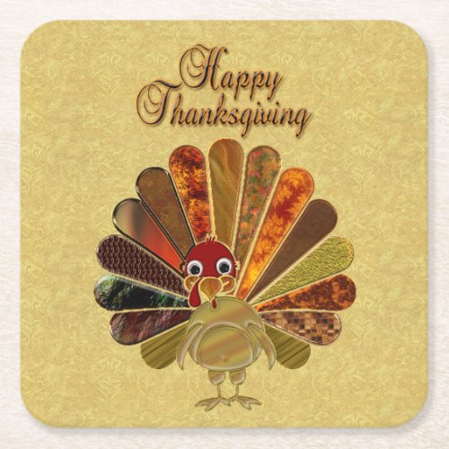 Colorful Happy Thanksgiving Turkey Square Paper Coaster