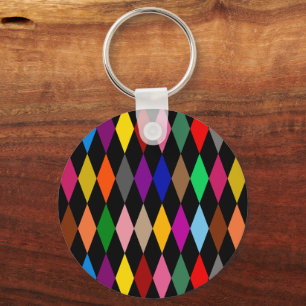 Colorful Harlequin Diamonds Design Black Keychain