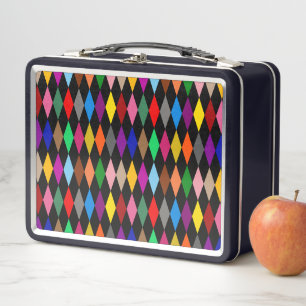 Colorful Harlequin Diamonds Design Black Metal Lunch Box