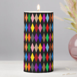 Colorful Harlequin Diamonds Design Black Pillar Candle