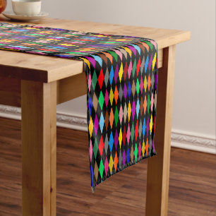 Colorful Harlequin Diamonds Design Black  Short Table Runner