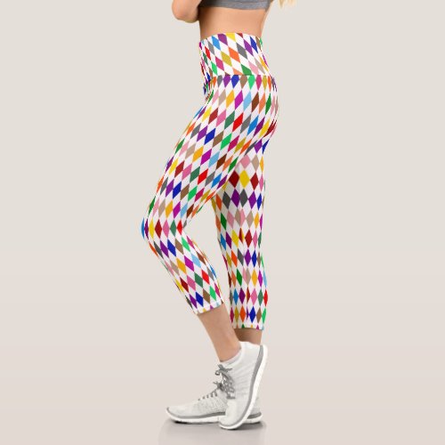 Colorful Harlequin Diamonds Design White Capri Leggings
