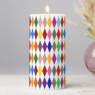 Colorful Harlequin Diamonds Design White Pillar Candle