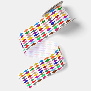 Colorful Harlequin Diamonds Design White Satin Ribbon