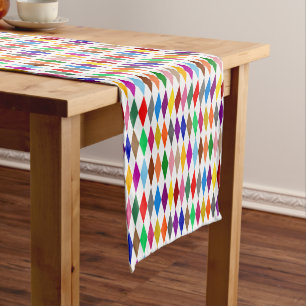 Colorful Harlequin Diamonds Design White  Short Table Runner