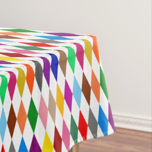 Colorful Harlequin Diamonds Design White Tablecloth