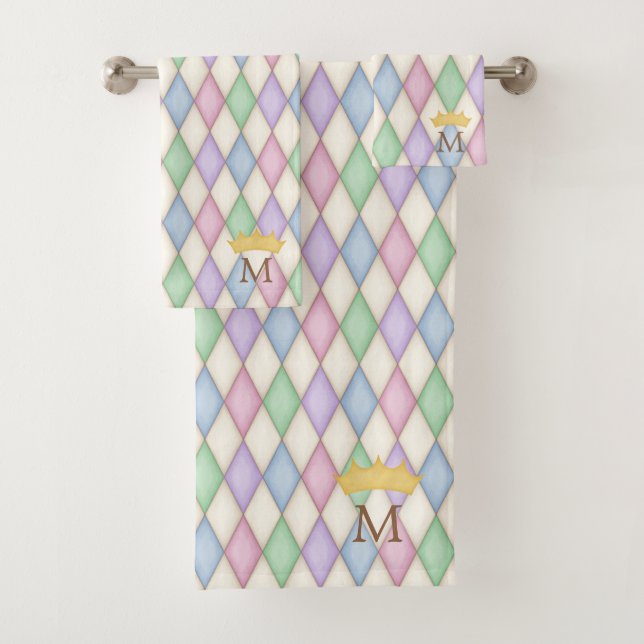 Colorful Harlequin Print Monogram With Crown Bath Towel Set (Insitu)