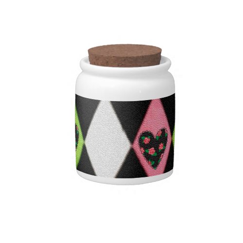 Colorful Harlequin Print with Rose Hearts Candy Jar