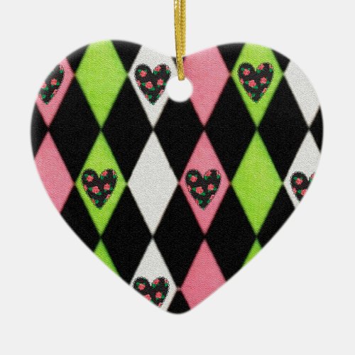 Colorful Harlequin Print with Rose Hearts Ceramic Ornament