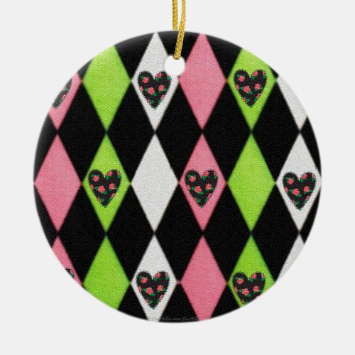 Colorful Harlequin Print with Rose Hearts Ceramic Ornament