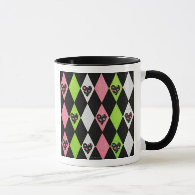 Colorful Harlequin Print with Rose Hearts Coffee M Mug (Right)