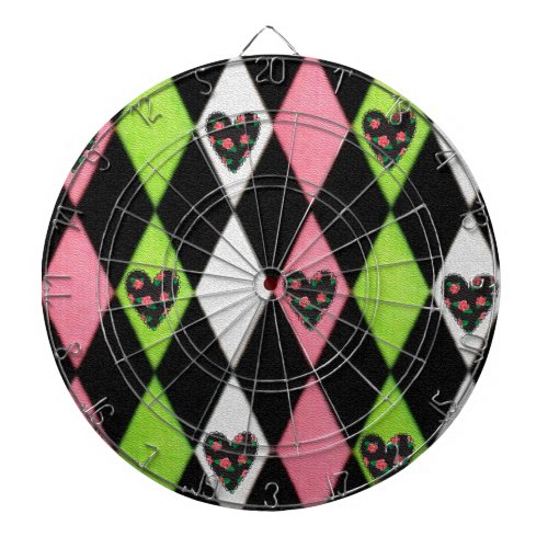 Colorful Harlequin Print with Rose Hearts Dart Board