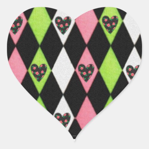 Colorful Harlequin Print with Rose Hearts Heart Sticker