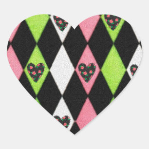 Colorful Harlequin Print with Rose Hearts Heart Sticker