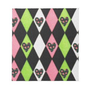 Colorful Harlequin Print with Rose Hearts Notepad