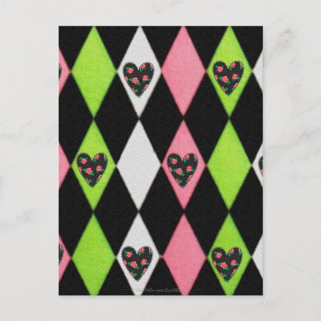 Colorful Harlequin Print with Rose Hearts Postcard (Front)