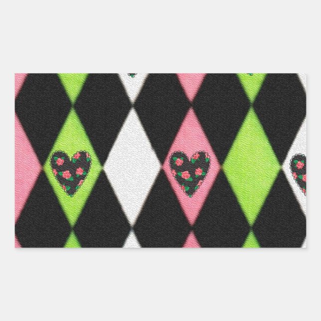 Colorful Harlequin Print with Rose Hearts Rectangular Sticker (Front)