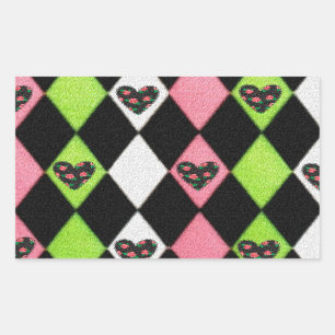 Colorful Harlequin Print with Rose Hearts Rectangular Sticker