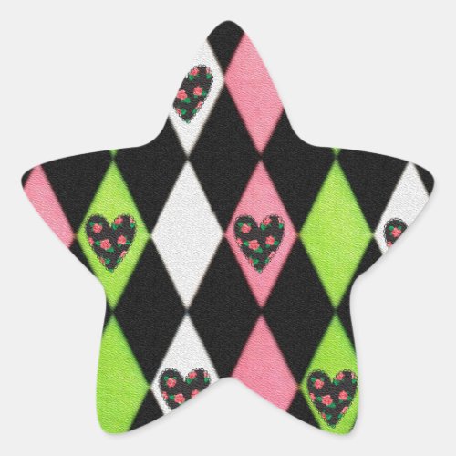 Colorful Harlequin Print with Rose Hearts Star Sticker