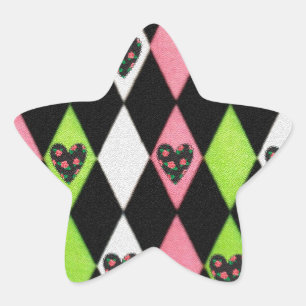 Colorful Harlequin Print with Rose Hearts Star Sticker