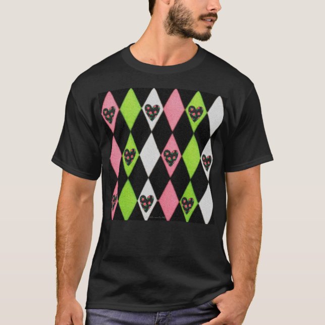Colorful Harlequin Print with Rose Hearts T-Shirt (Front)