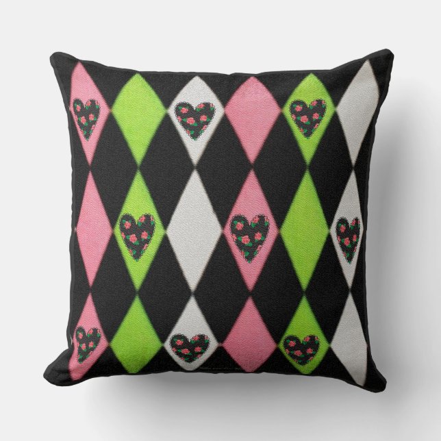 Colorful Harlequin Print with Rose Hearts Throw Pillow (Front)
