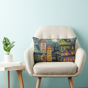 Colorful haunted houses for the halloween lumbar pillow