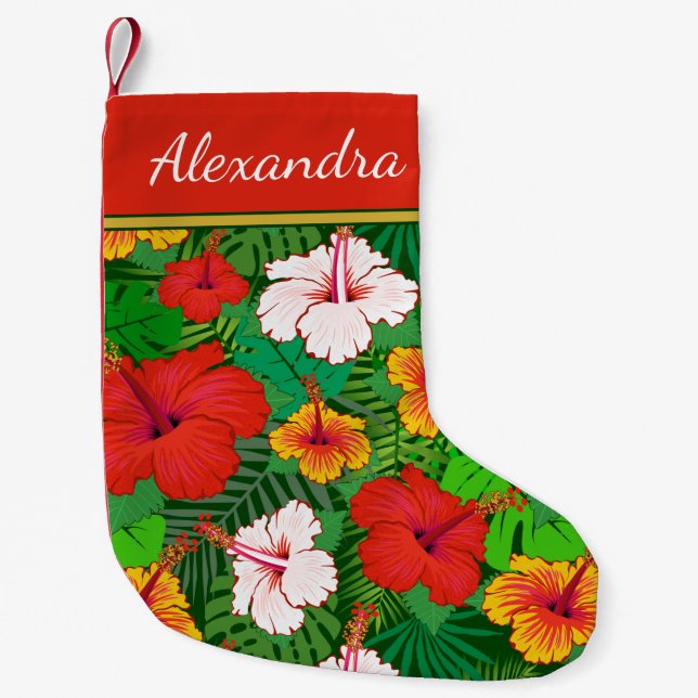 Colorful Hawaiian Hibiscus Flowers Monogram Name Small Christmas Stocking (Front)