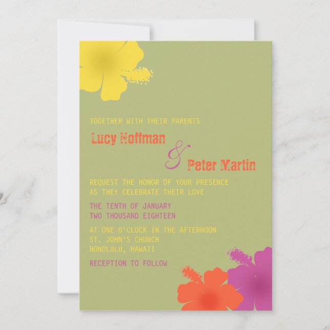 Colorful Hawaiian Hibiscus Wedding Invitation (Front)