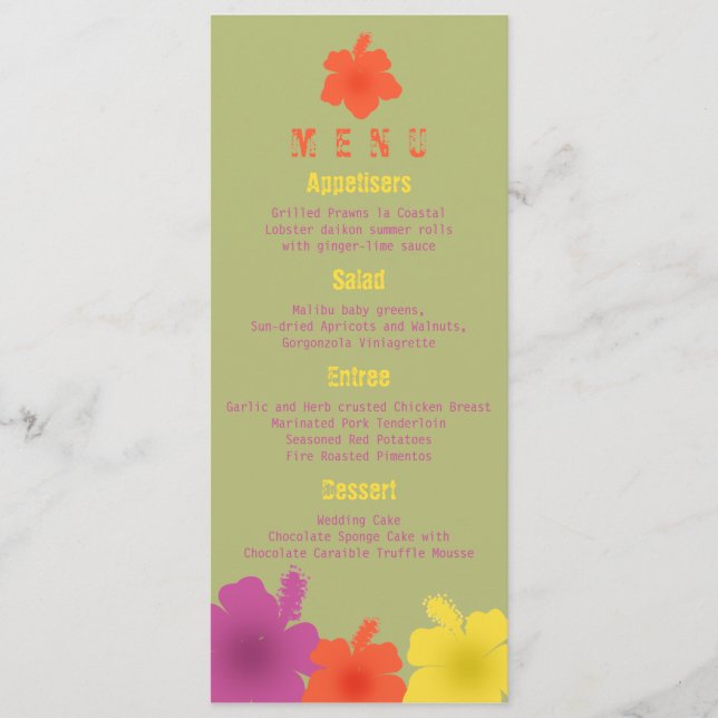 Colorful Hawaiian Hibiscus Wedding Menu (Front)