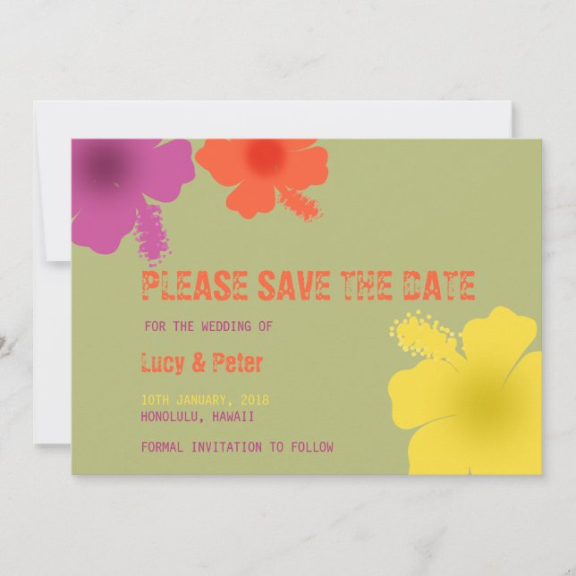 Colorful Hawaiian Hibiscus Wedding Save the Date (Front)