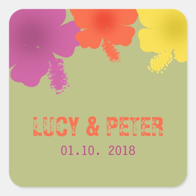 Colorful Hawaiian Hibiscus Wedding Stickers (Front)