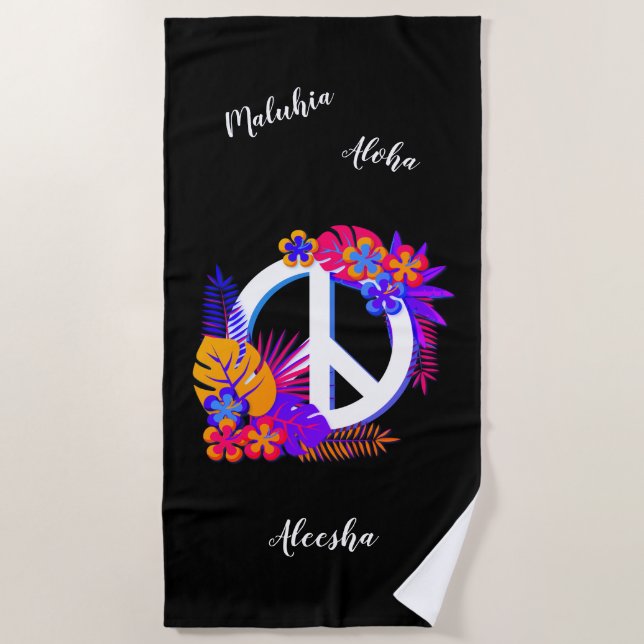 Colorful Hawaiian Peace, Love, Your Name Black Beach Towel (Front)