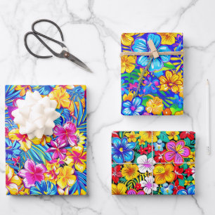 Colorful Hawaiian Tropical Floral Palm Name Wrapping Paper Sheets