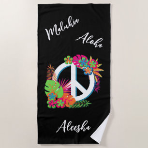 Colorful Hawaiian Tropical Peace Love Black  Beach Towel