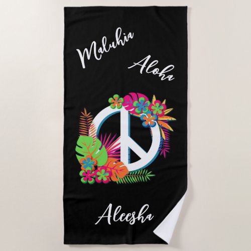Colorful Hawaiian Tropical Peace Love Black  Beach Towel