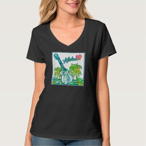 Colorful Hawaiin Aloha Ukelele with Palm Trees and T_Shirt