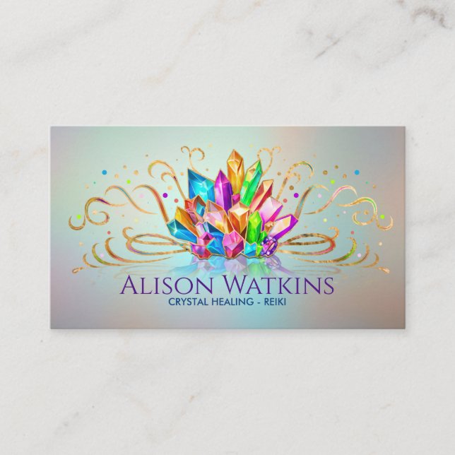 Colorful Healing Crystals and Flourishes Business Card (Front)