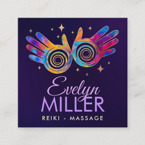 Colorful Healing Hands Energy Spiral Square Business Card