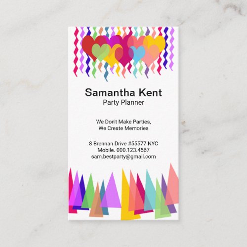 Colorful Heart Balloons Party Hats Event Planner Business Card